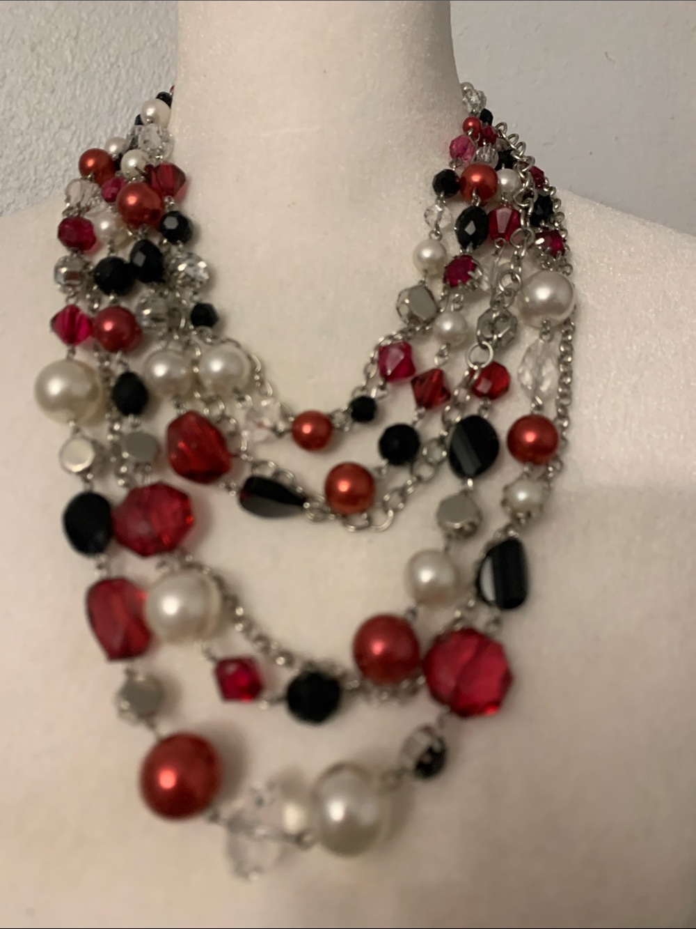 White House Black Market Red, Black & Pearl Multi-Strand Necklace